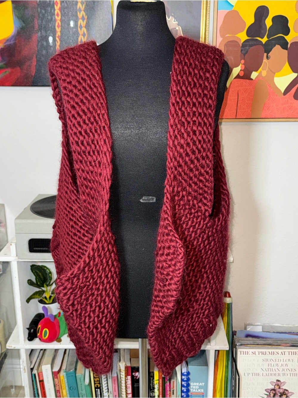 Cozy Open-Front Chunky Knit Vest - Burgundy
